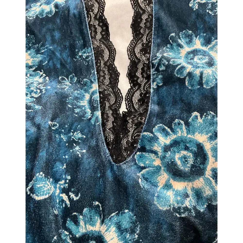 NEW Beautiful Vintage S-XL Boho Blue Velvet Blouse Lace Trim Floral Print Top - Picture 10 of 10